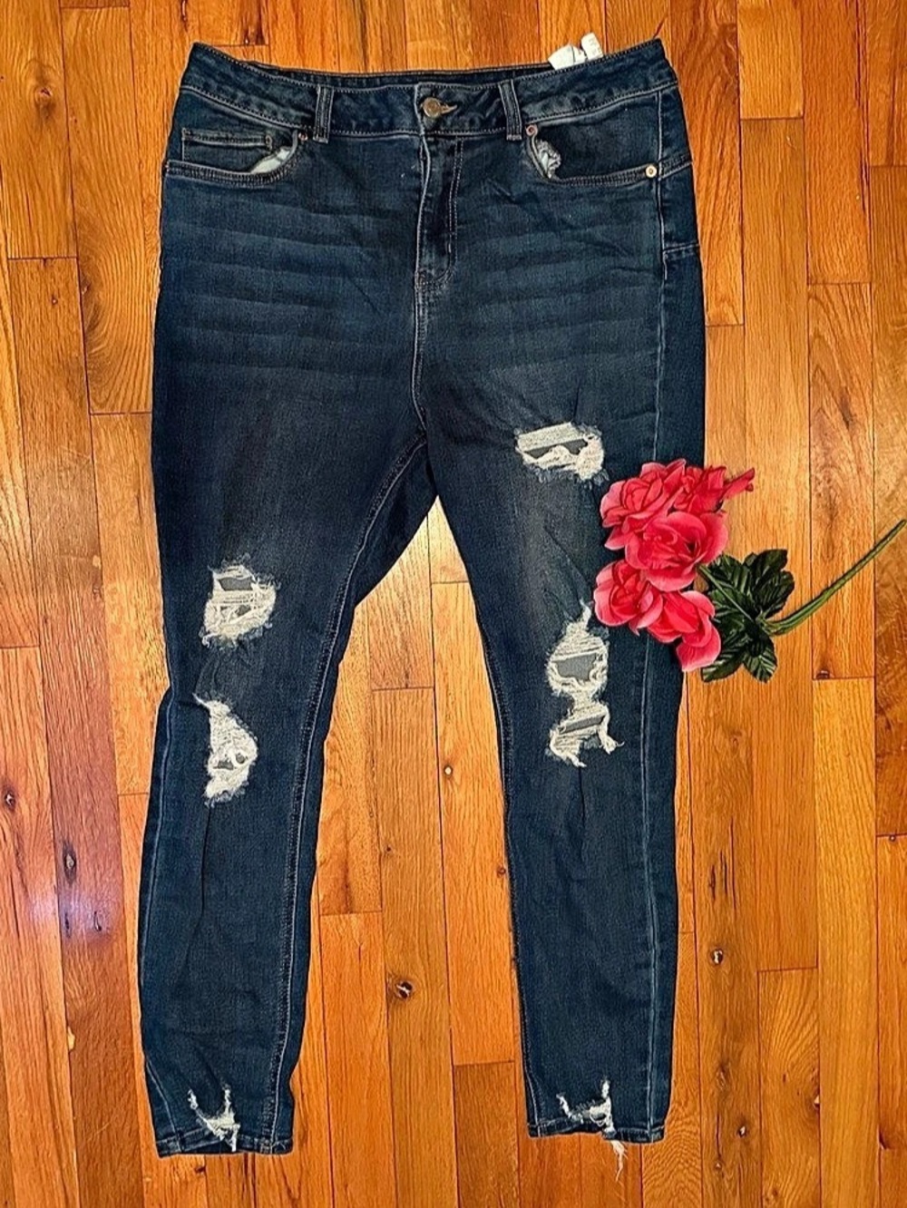 Refuge Mid Rise Push Up Distressed Skinny Jeans in Blue Waist 11